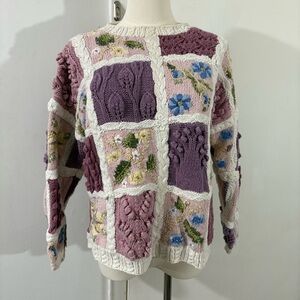 Vtg Jennifer Reed Chunky Knit Patchwork Sweater Floral Cottagecore Sz M Spring